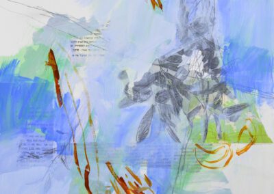 “Branching Out” by Julia Rymer — small mixed media abstract painting on wood with layered organic shapes in earthy tones.